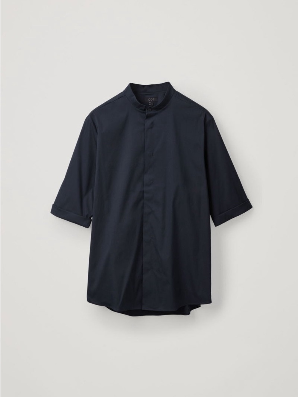 COS Navy Blue Grandad Collar Shirt Cotton Poplin Band Mandarin Collar Top Sz L - Picture 3 of 12